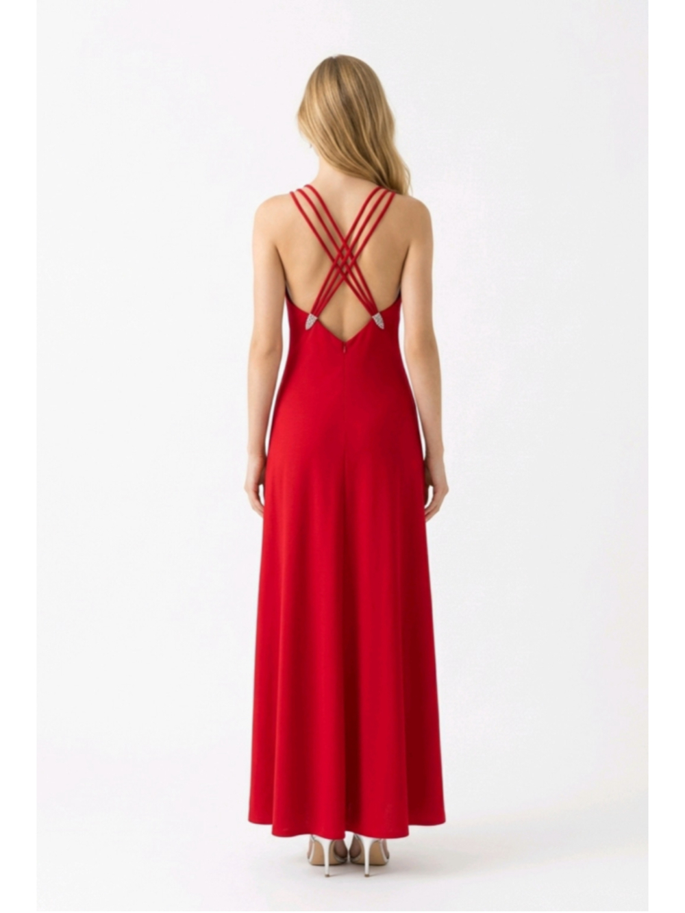 FRASCARA Slip Red Maxi Crisscross Strappy Back Dress